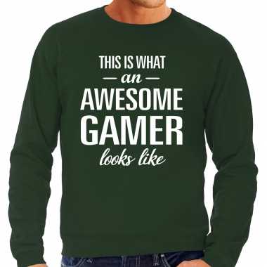 Awesome / geweldige gamer cadeau trui groen heren