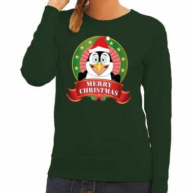 Foute kersttrui groen merry christmas pinguin dames