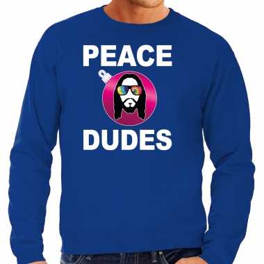 Hippie jezus kerstbal trui / kerst outfit peace dudes blauw heren
