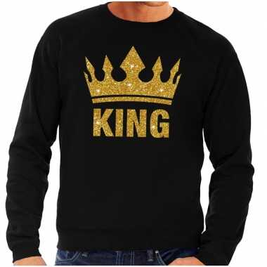 Zwarte king gouden glitter kroon trui heren